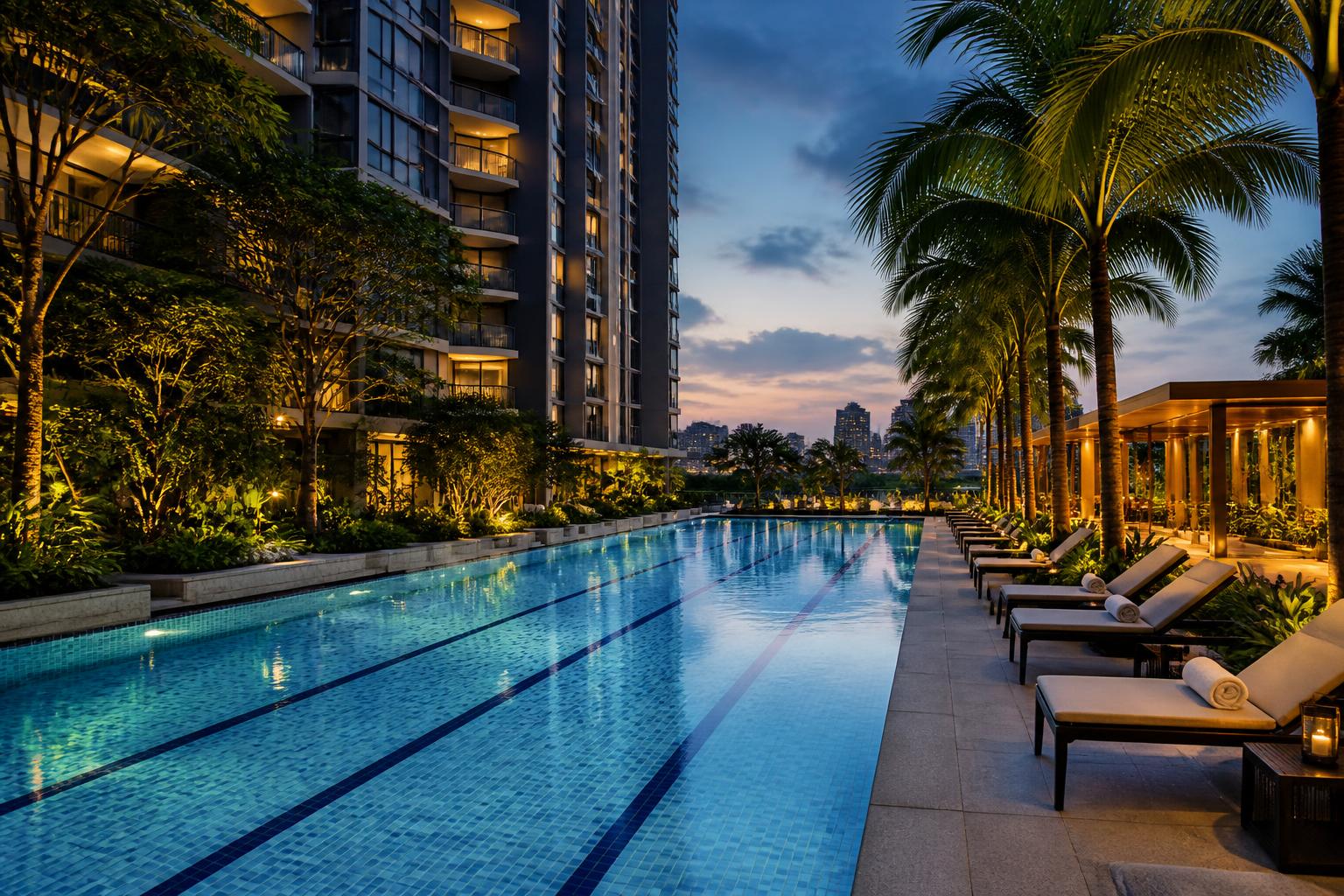 Lap pool lined with palms beside a residential tower at dusk